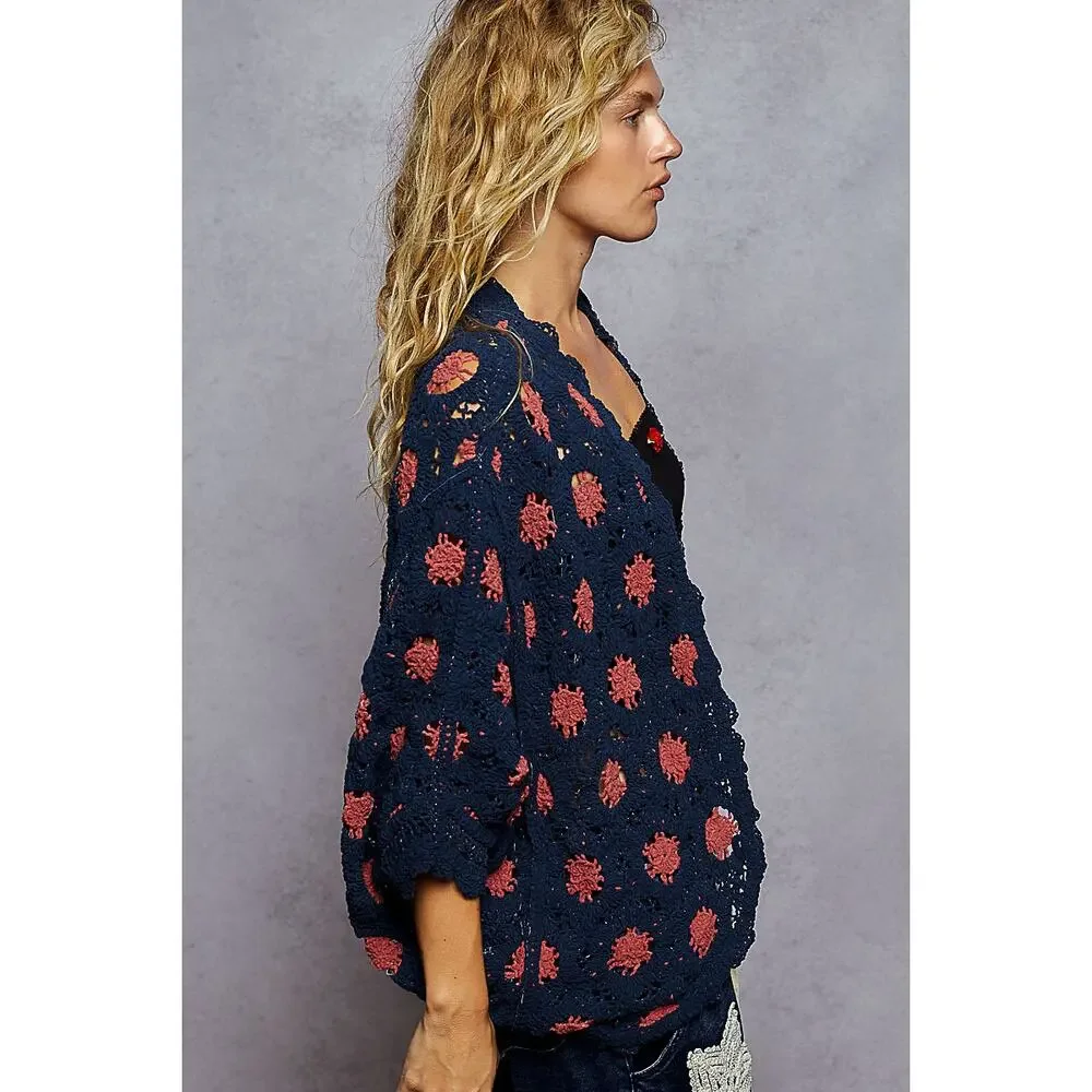 POL Relaxed Fit Batwing Chenille Crochet Cardigan - Blue and Red ONE SIZE